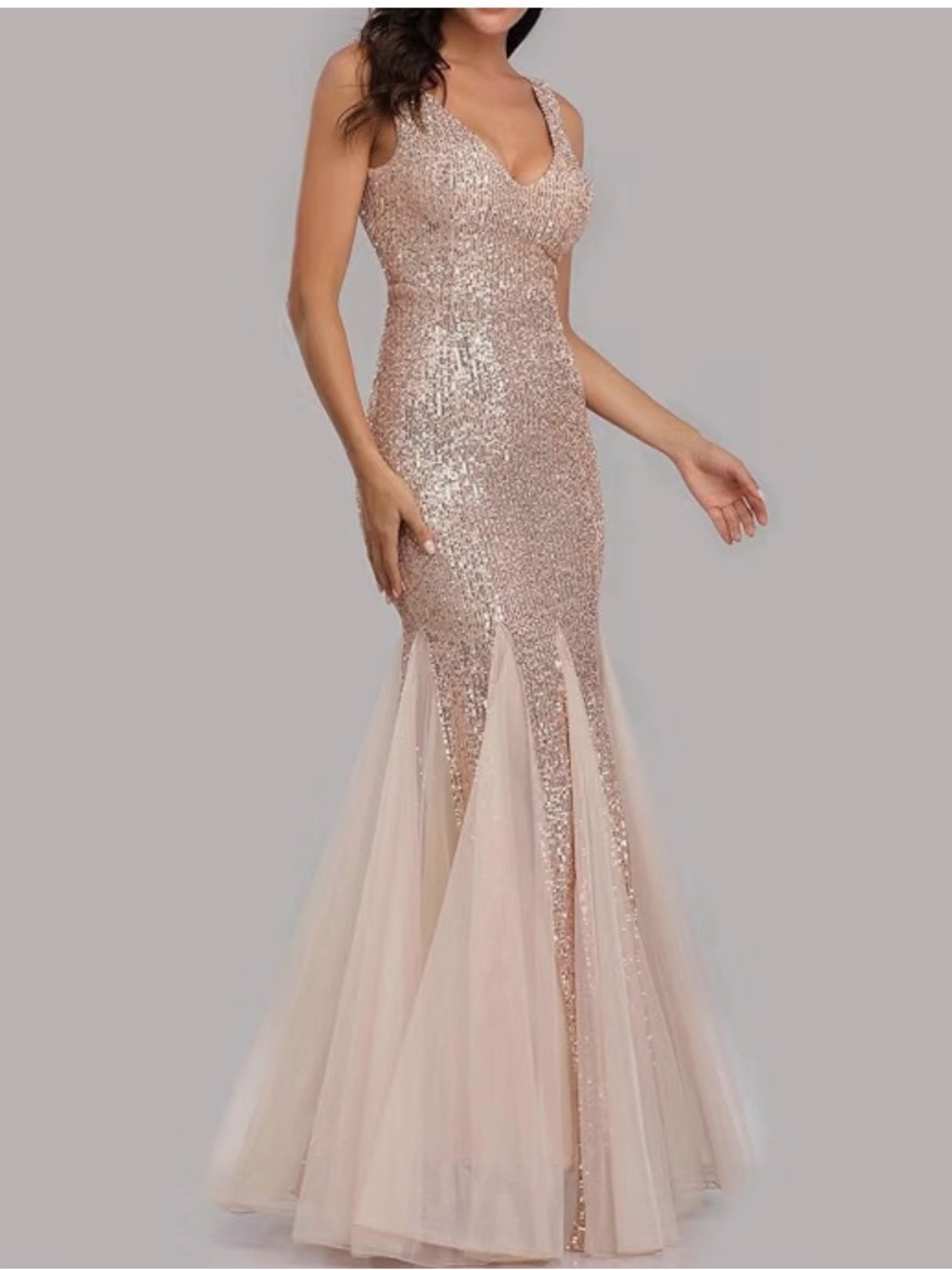 Rose Gold Sequin Mermaid Prom Dress with Tulle Skirt